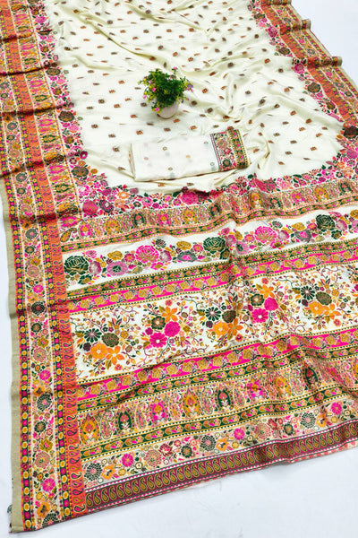 Majesty Beige Nylon Dola Pashmina Saree With Innovative Blouse Piece