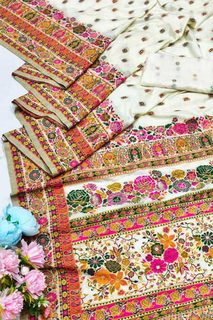 Majesty Beige Nylon Dola Pashmina Saree With Innovative Blouse Piece