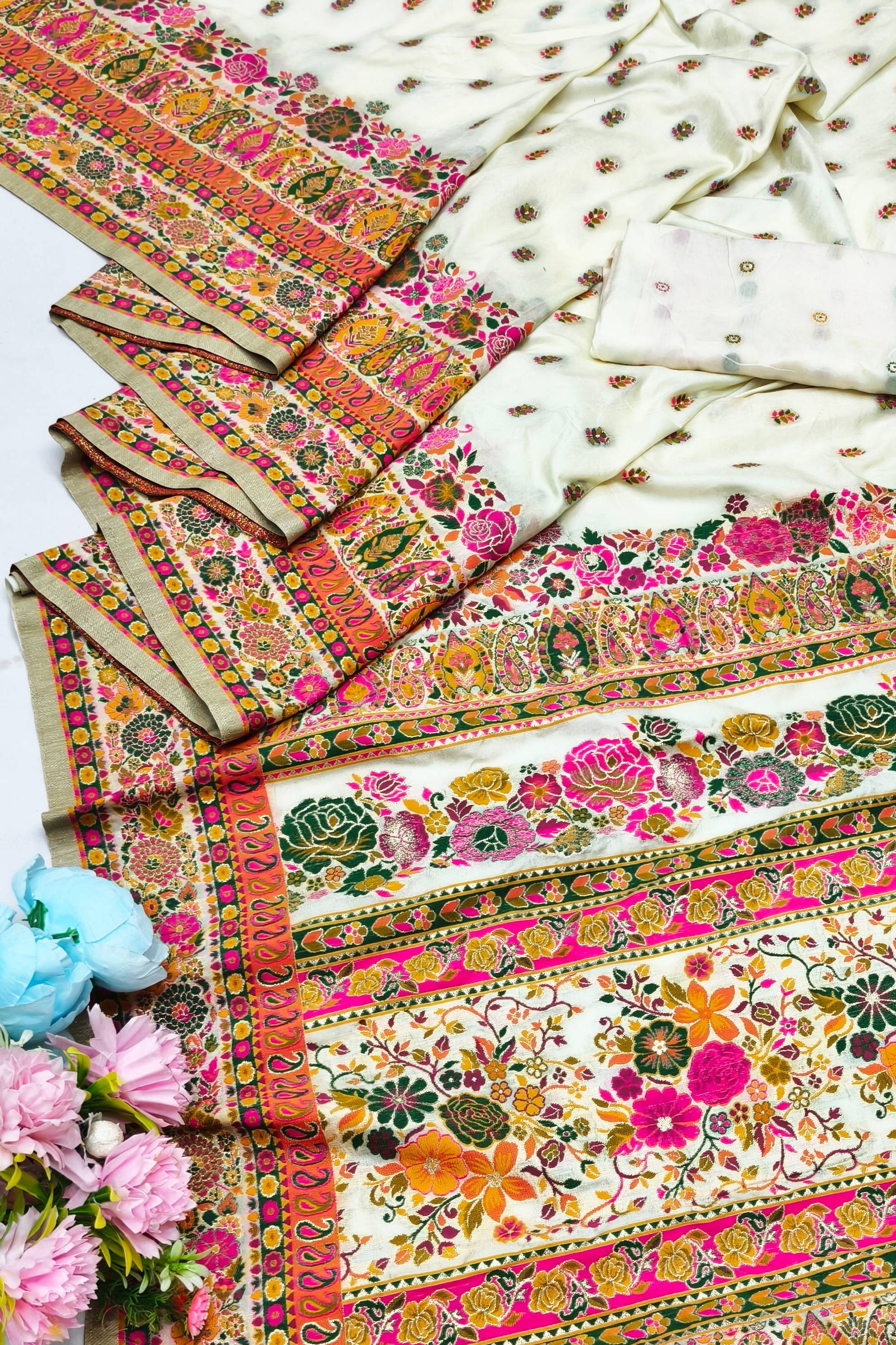 Majesty Beige Nylon Dola Pashmina Saree With Innovative Blouse Piece