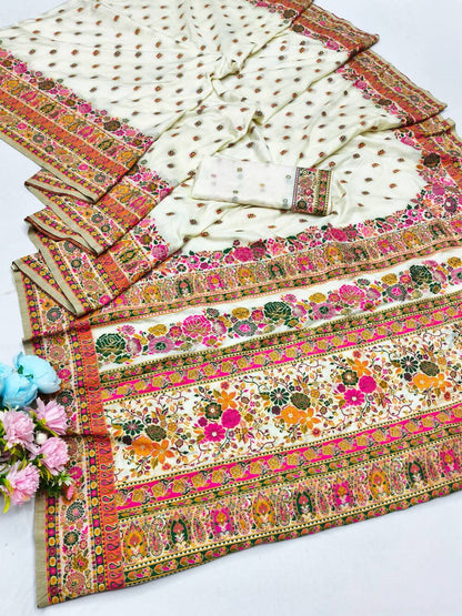 Majesty Beige Nylon Dola Pashmina Saree With Innovative Blouse Piece