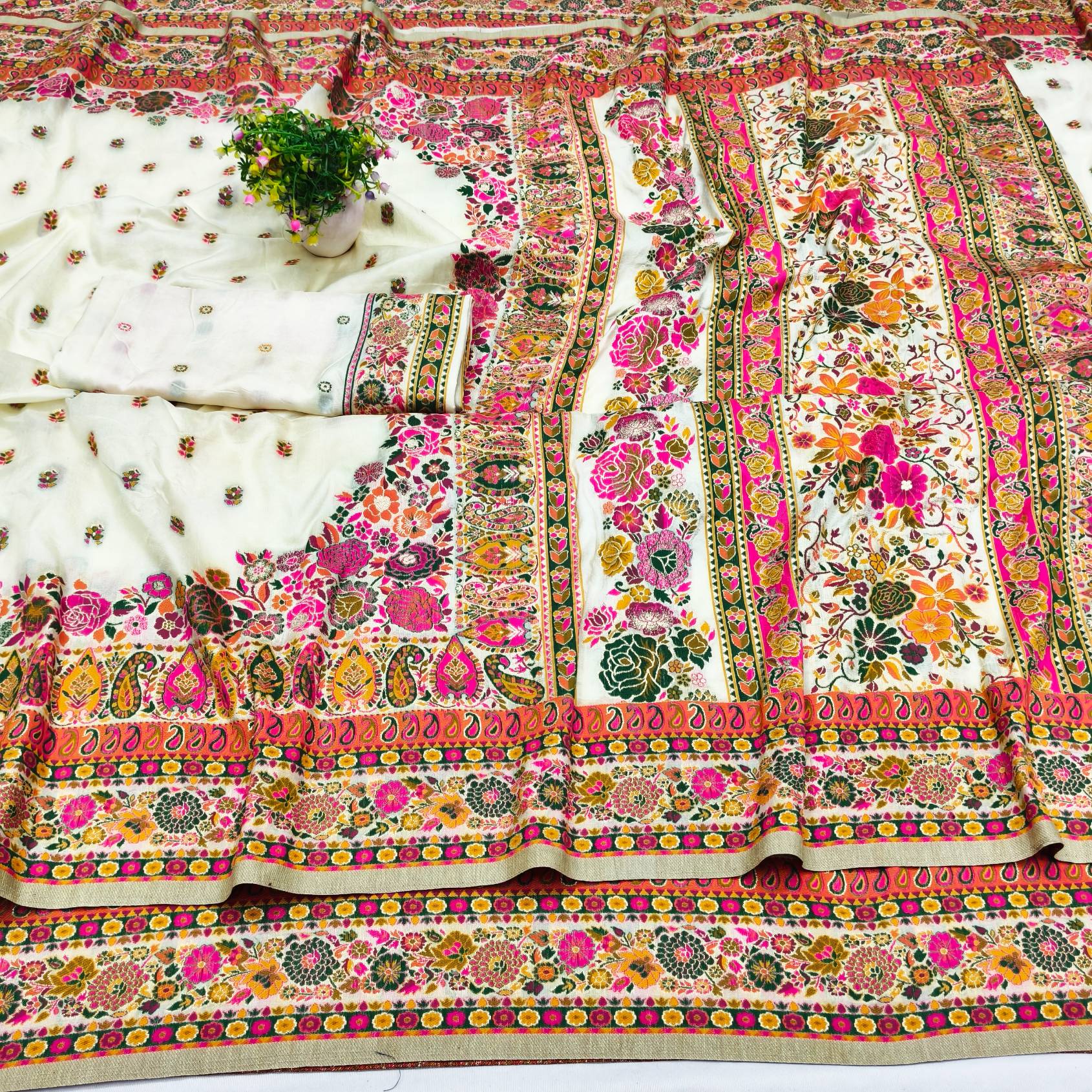 Majesty Beige Nylon Dola Pashmina Saree With Innovative Blouse Piece