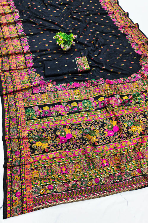 Load image into Gallery viewer, Palimpsest Black Nylon Dola Pashmina Saree With Classy Blouse Piece
