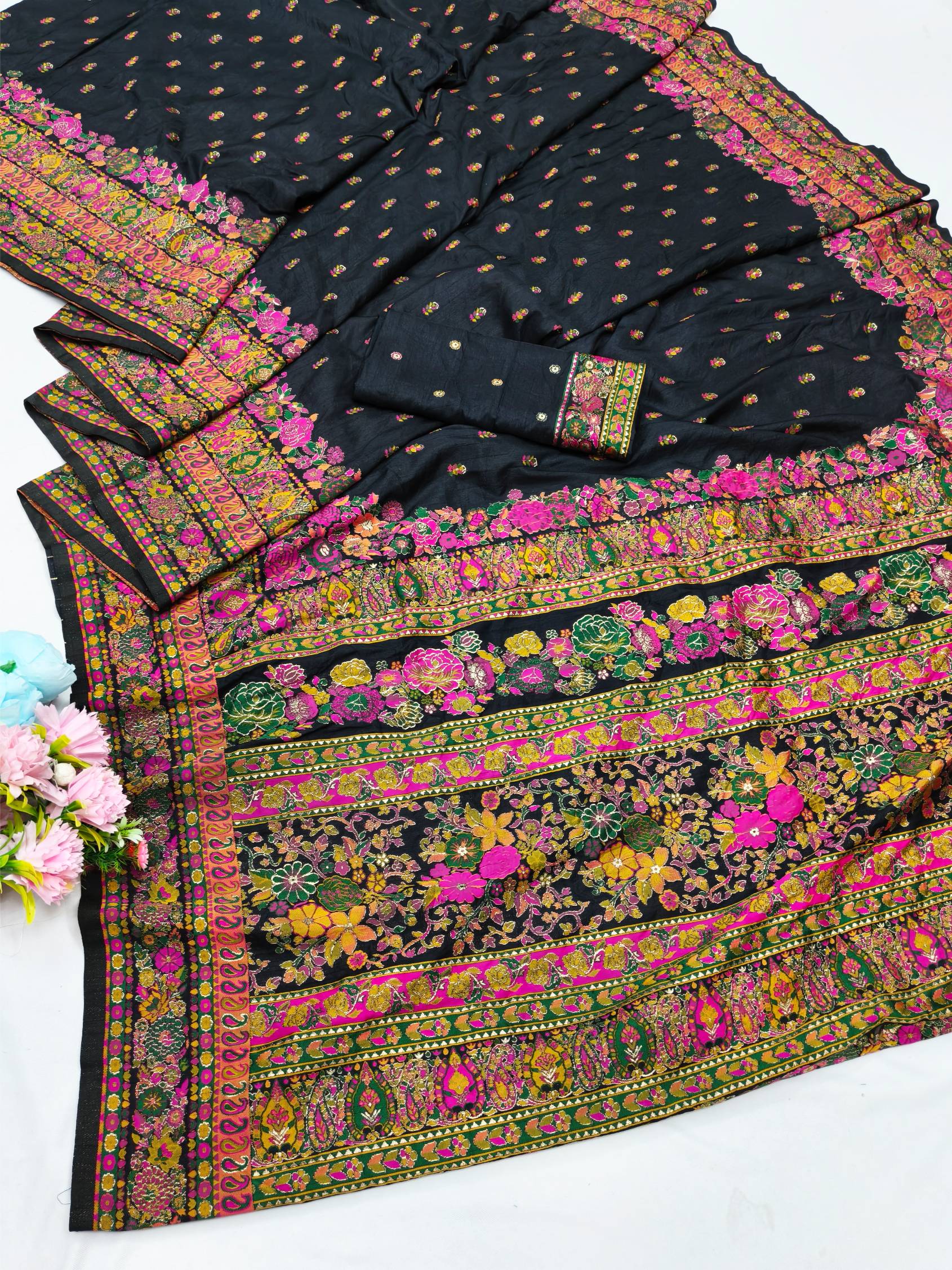 Palimpsest Black Nylon Dola Pashmina Saree With Classy Blouse Piece