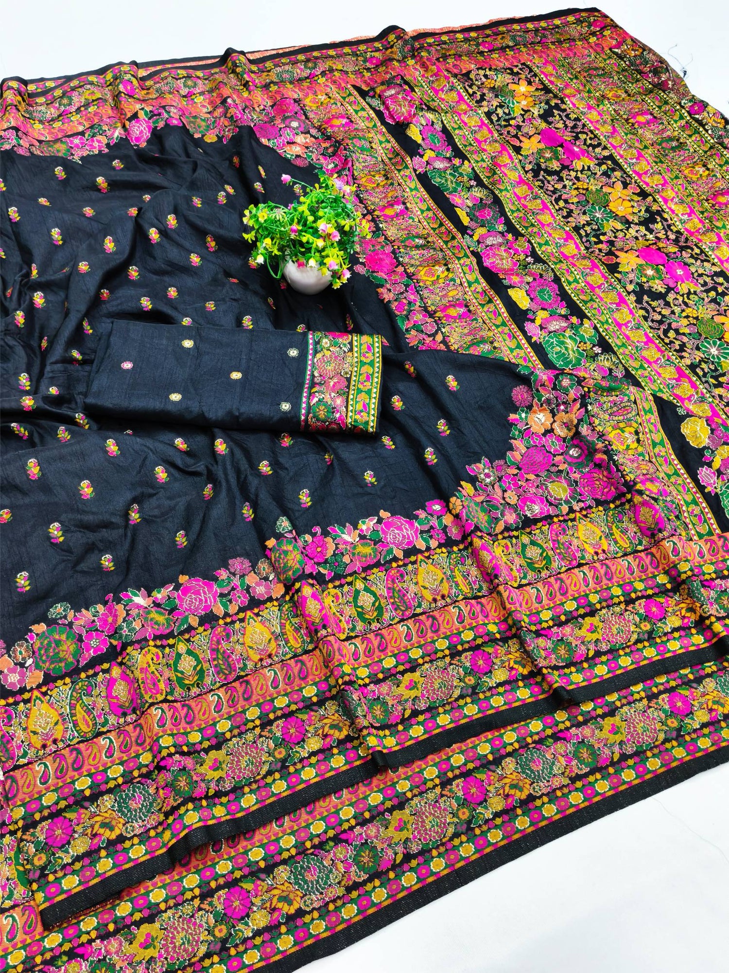 Palimpsest Black Nylon Dola Pashmina Saree With Classy Blouse Piece