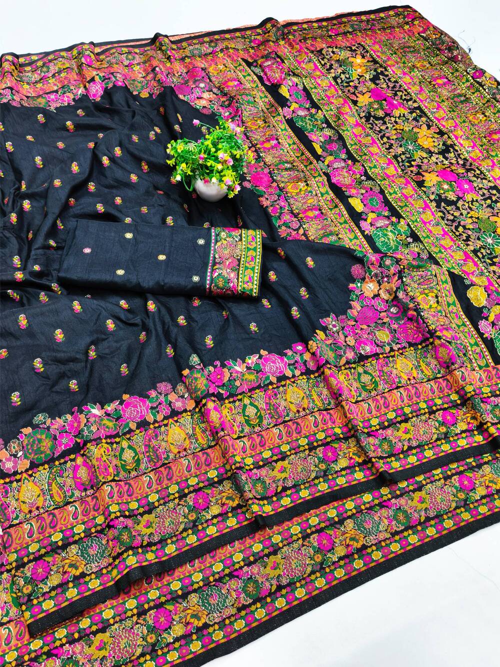 Palimpsest Black Nylon Dola Pashmina Saree With Classy Blouse Piece