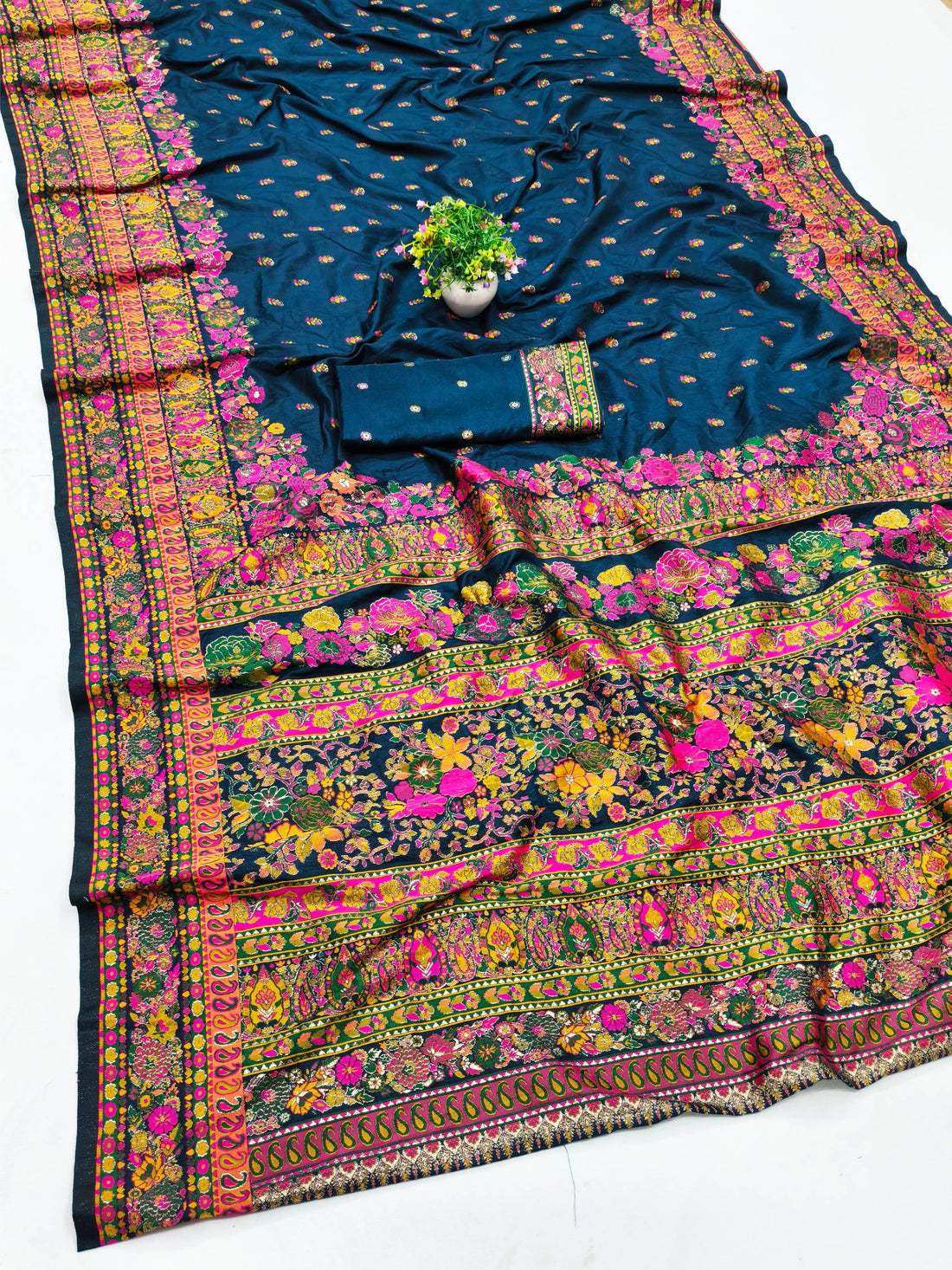 Exquisite Blue Nylon Dola Pashmina Saree With Lustrous Blouse Piece