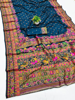 Exquisite Blue Nylon Dola Pashmina Saree With Lustrous Blouse Piece