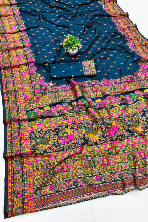 Load image into Gallery viewer, Exquisite Blue Nylon Dola Pashmina Saree With Lustrous Blouse Piece
