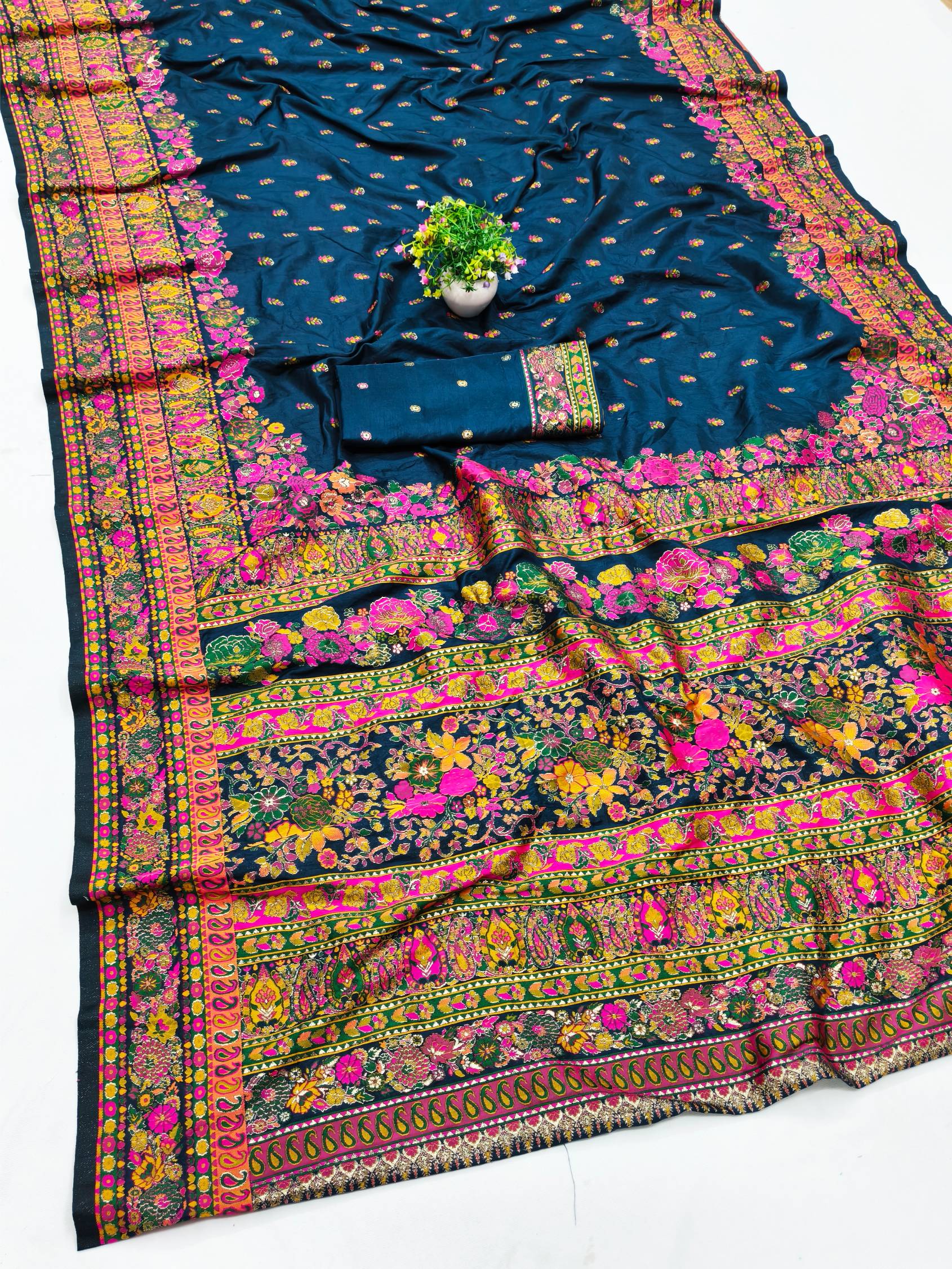 Exquisite Blue Nylon Dola Pashmina Saree With Lustrous Blouse Piece