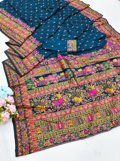 Exquisite Blue Nylon Dola Pashmina Saree With Lustrous Blouse Piece