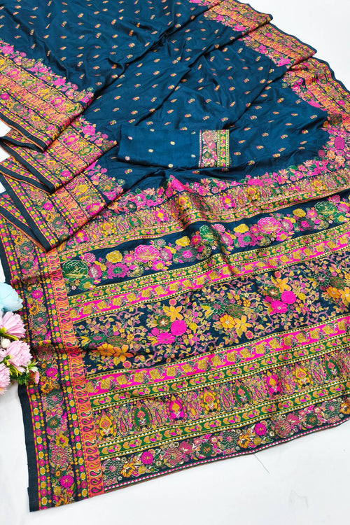 Load image into Gallery viewer, Exquisite Blue Nylon Dola Pashmina Saree With Lustrous Blouse Piece
