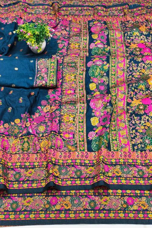 Load image into Gallery viewer, Exquisite Blue Nylon Dola Pashmina Saree With Lustrous Blouse Piece
