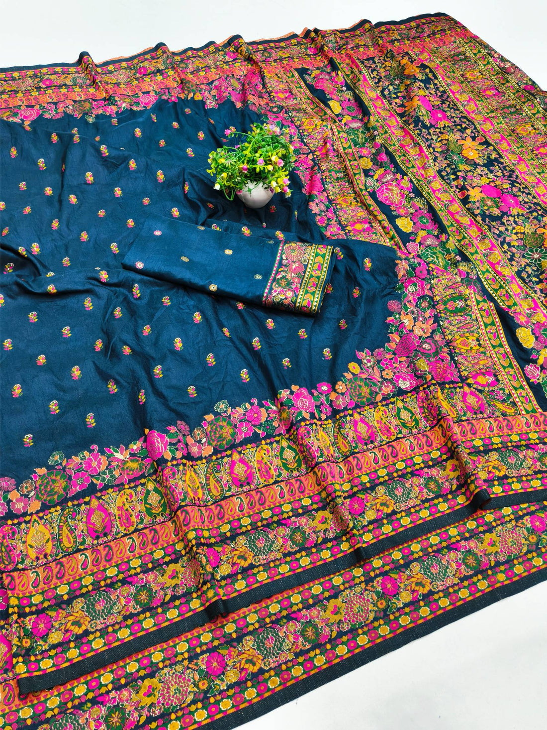 Exquisite Blue Nylon Dola Pashmina Saree With Lustrous Blouse Piece