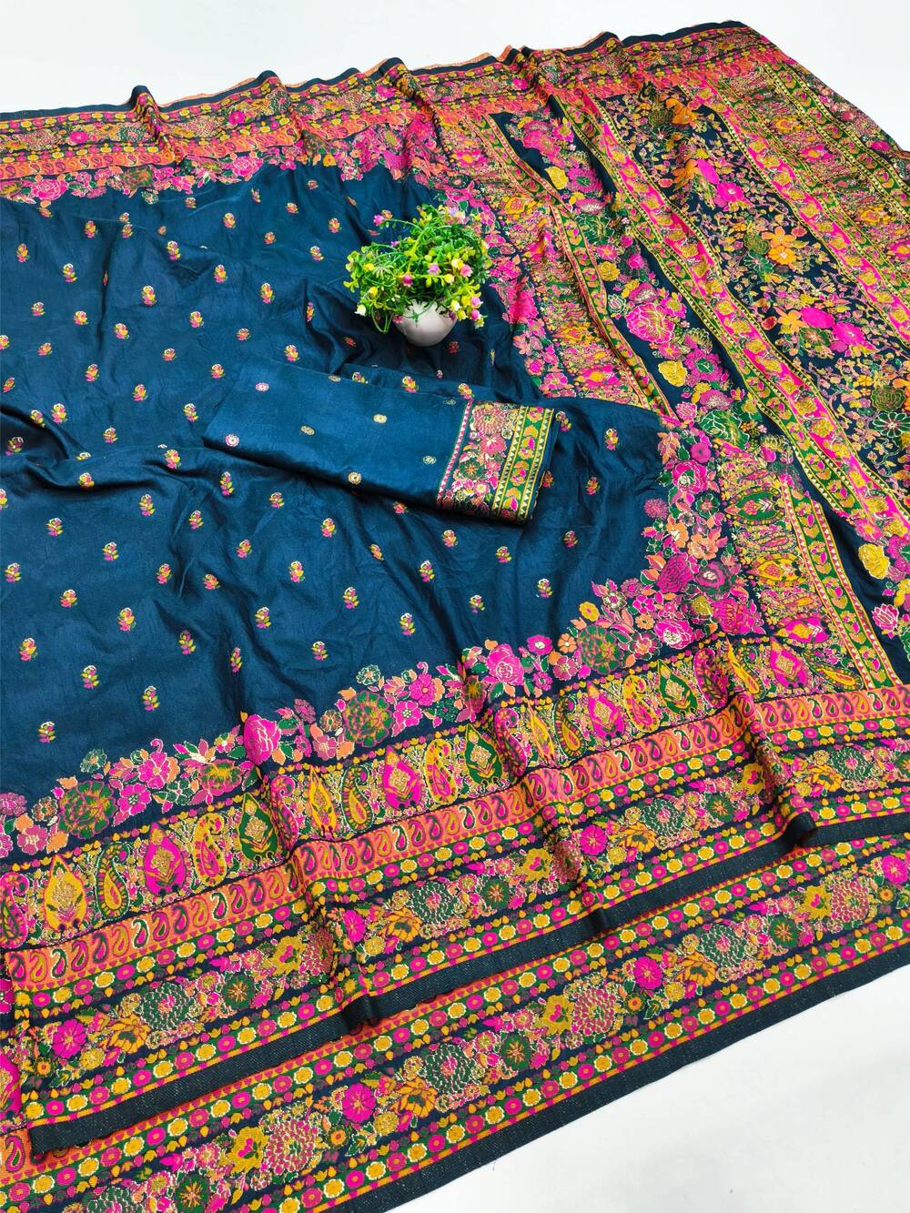 Exquisite Blue Nylon Dola Pashmina Saree With Lustrous Blouse Piece