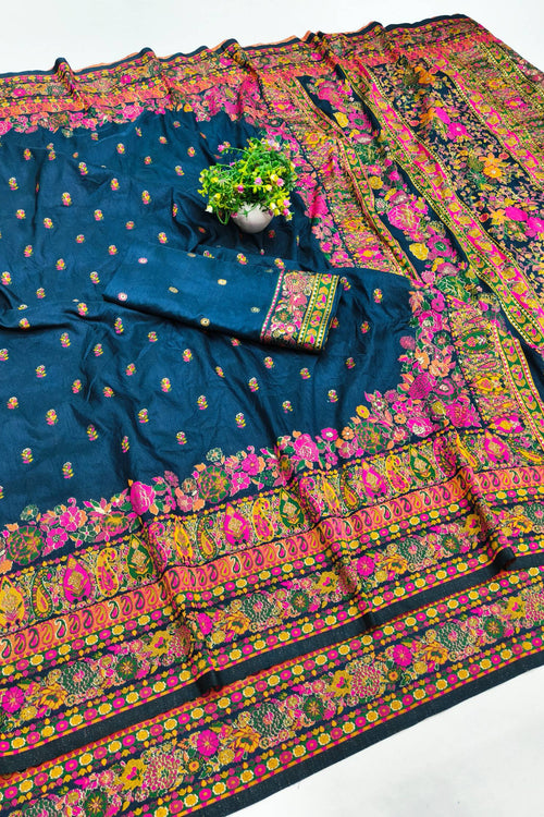 Load image into Gallery viewer, Exquisite Blue Nylon Dola Pashmina Saree With Lustrous Blouse Piece
