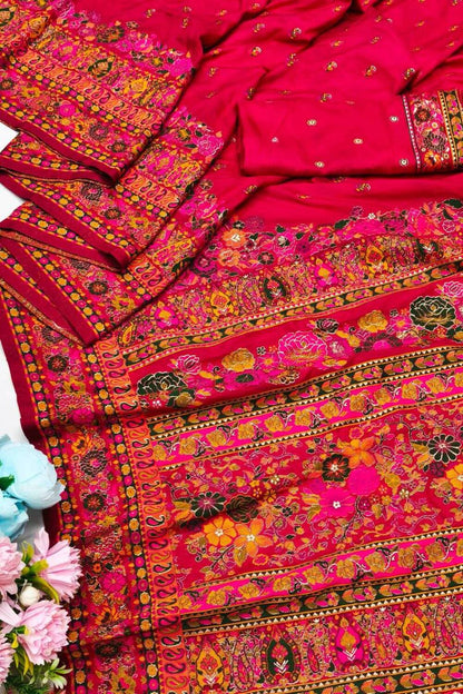 Winsome Dark Pink Nylon Dola Pashmina Saree With Evanescent Blouse Piece