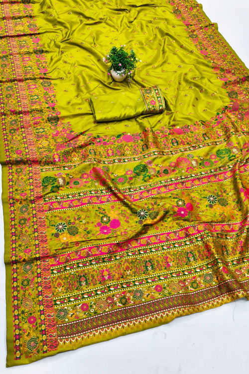 Load image into Gallery viewer, Ethnic Mehandi Nylon Dola Pashmina Saree With Quixotic Blouse Piece
