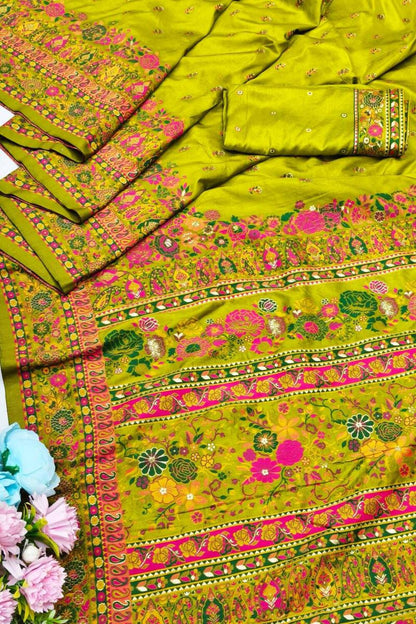 Ethnic Mehndi Nylon Dola Pashmina Saree With Quixotic Blouse Piece