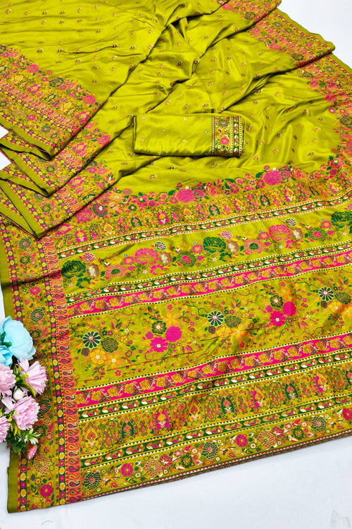 Load image into Gallery viewer, Ethnic Mehandi Nylon Dola Pashmina Saree With Quixotic Blouse Piece
