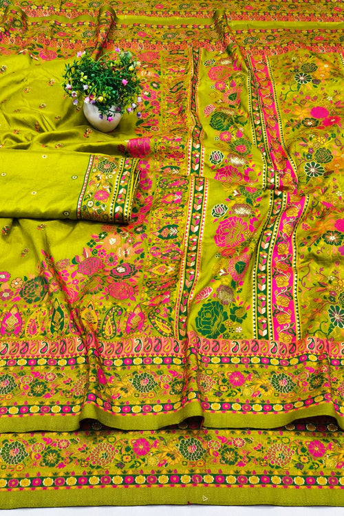 Load image into Gallery viewer, Ethnic Mehandi Nylon Dola Pashmina Saree With Quixotic Blouse Piece
