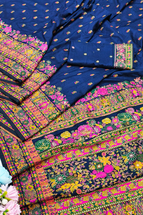 Load image into Gallery viewer, Demanding Navy Blue Nylon Dola Pashmina Saree With Gleaming Blouse Piece
