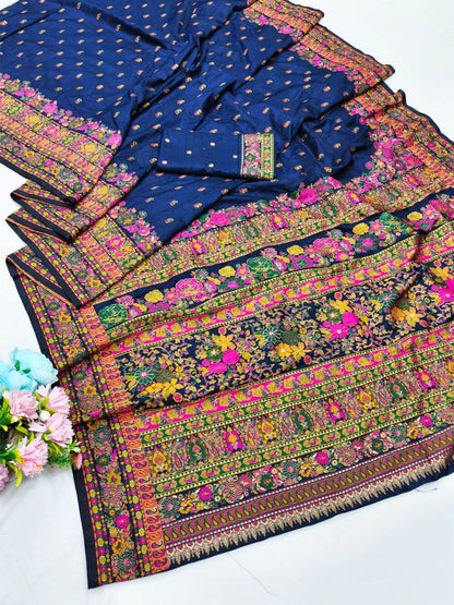 Demanding Navy Blue Nylon Dola Pashmina Saree With Gleaming Blouse Piece