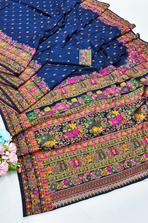 Load image into Gallery viewer, Demanding Navy Blue Nylon Dola Pashmina Saree With Gleaming Blouse Piece
