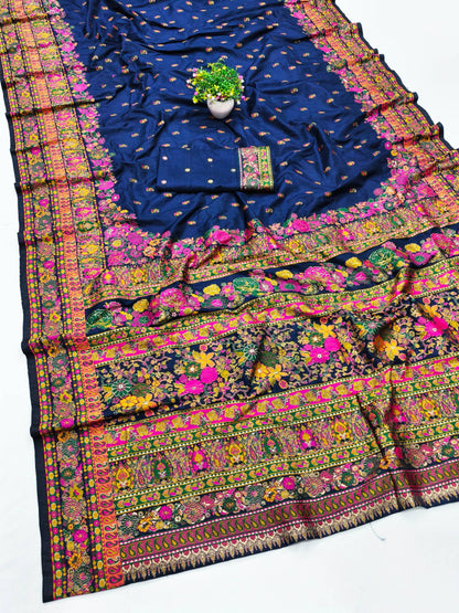 Demanding Navy Blue Nylon Dola Pashmina Saree With Gleaming Blouse Piece