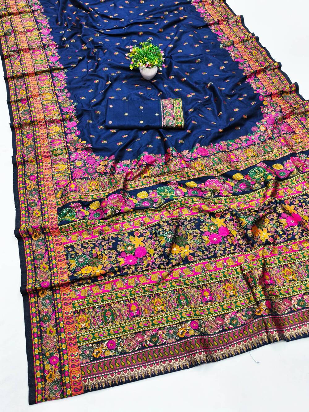 Demanding Navy Blue Nylon Dola Pashmina Saree With Gleaming Blouse Piece