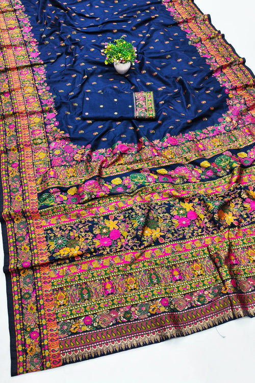 Load image into Gallery viewer, Demanding Navy Blue Nylon Dola Pashmina Saree With Gleaming Blouse Piece
