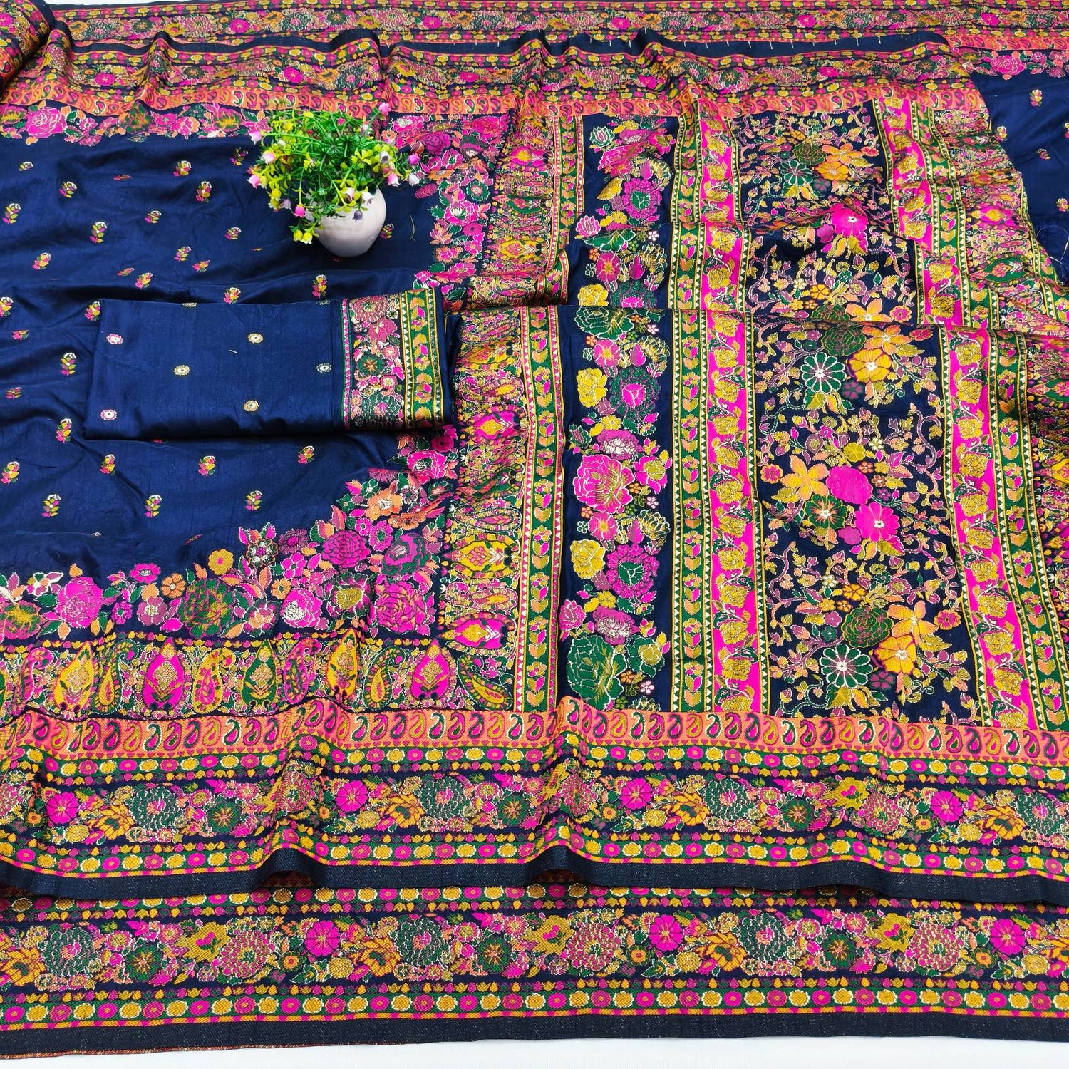 Demanding Navy Blue Nylon Dola Pashmina Saree With Gleaming Blouse Piece