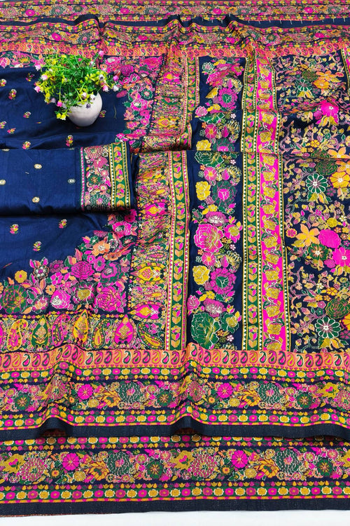 Load image into Gallery viewer, Demanding Navy Blue Nylon Dola Pashmina Saree With Gleaming Blouse Piece
