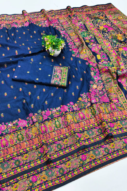 Load image into Gallery viewer, Demanding Navy Blue Nylon Dola Pashmina Saree With Gleaming Blouse Piece
