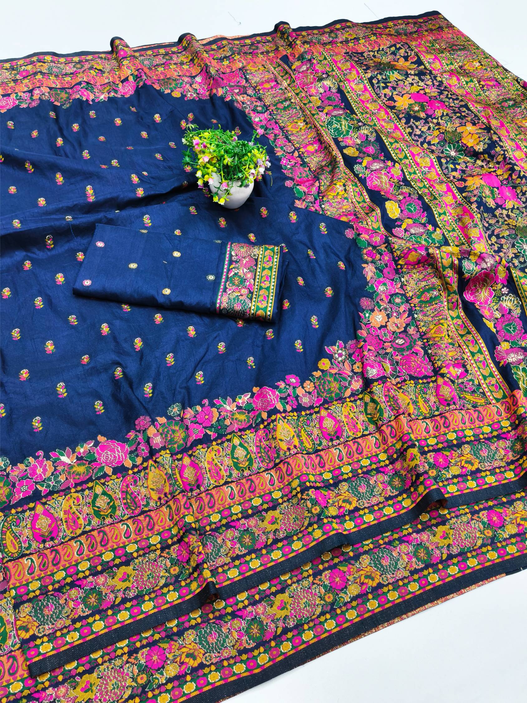 Demanding Navy Blue Nylon Dola Pashmina Saree With Gleaming Blouse Piece