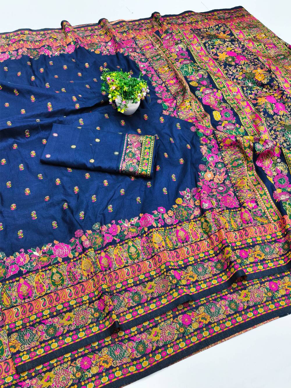 Demanding Navy Blue Nylon Dola Pashmina Saree With Gleaming Blouse Piece