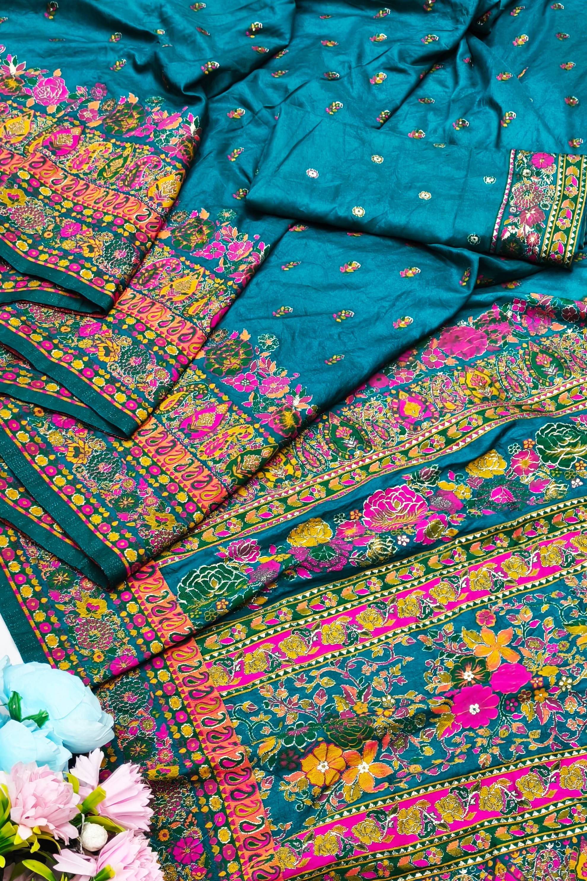 Pretty Rama Nylon Dola Pashmina Saree With Piquant Blouse Piece