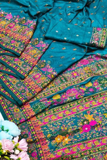 Pretty Rama Nylon Dola Pashmina Saree With Piquant Blouse Piece