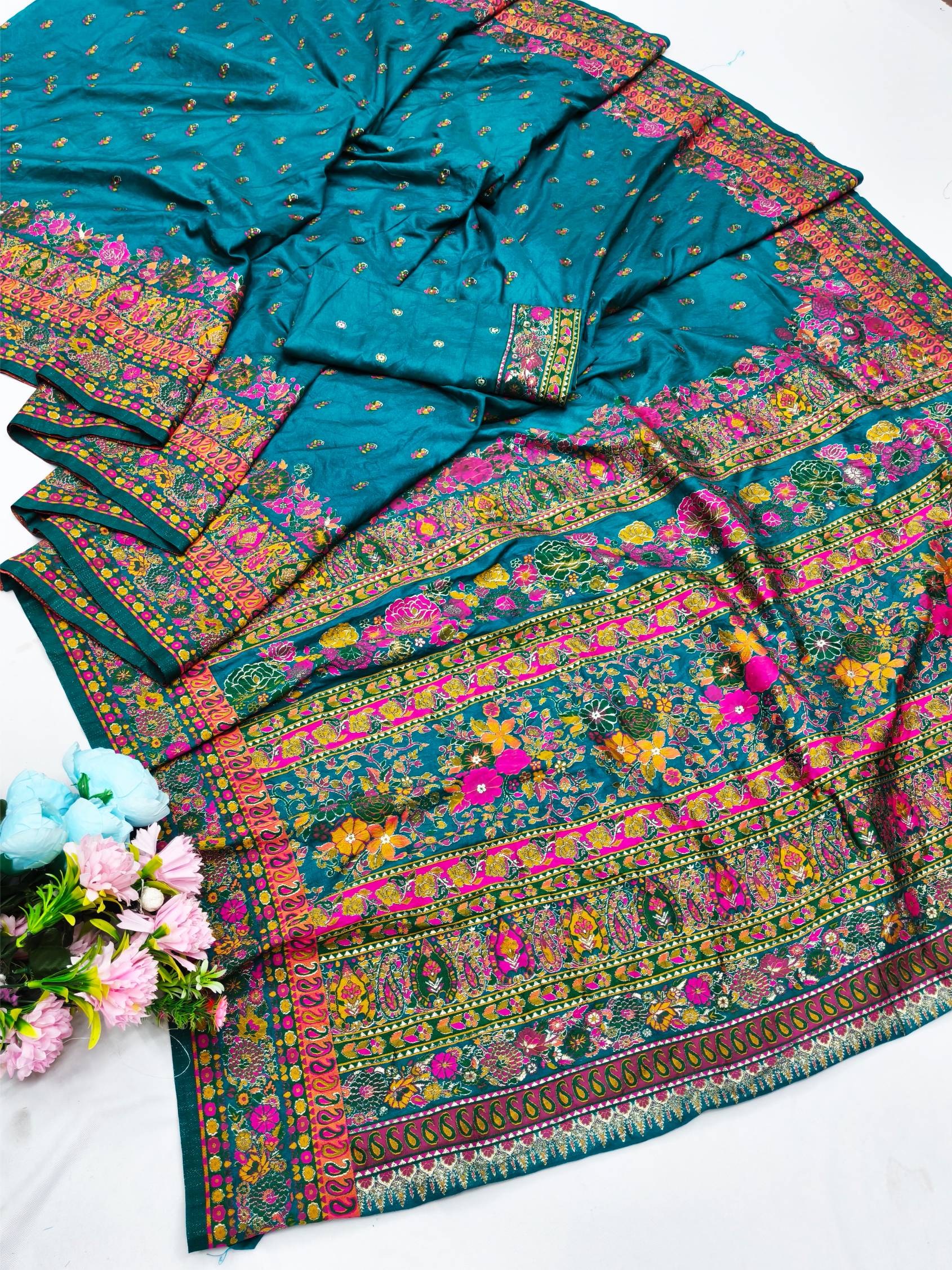 Pretty Rama Nylon Dola Pashmina Saree With Piquant Blouse Piece