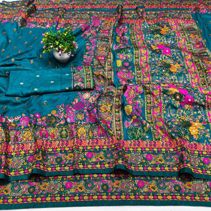 Pretty Rama Nylon Dola Pashmina Saree With Piquant Blouse Piece