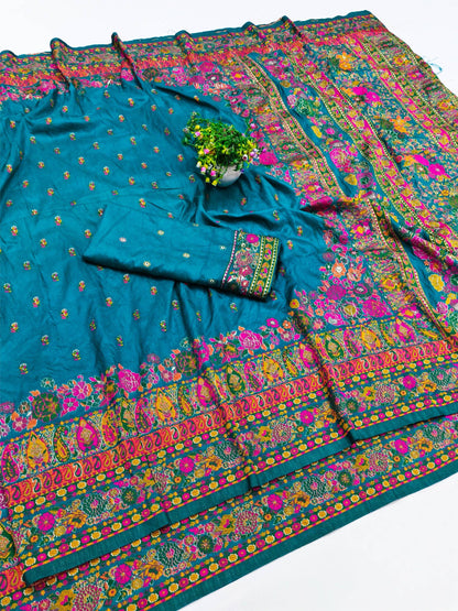 Pretty Rama Nylon Dola Pashmina Saree With Piquant Blouse Piece