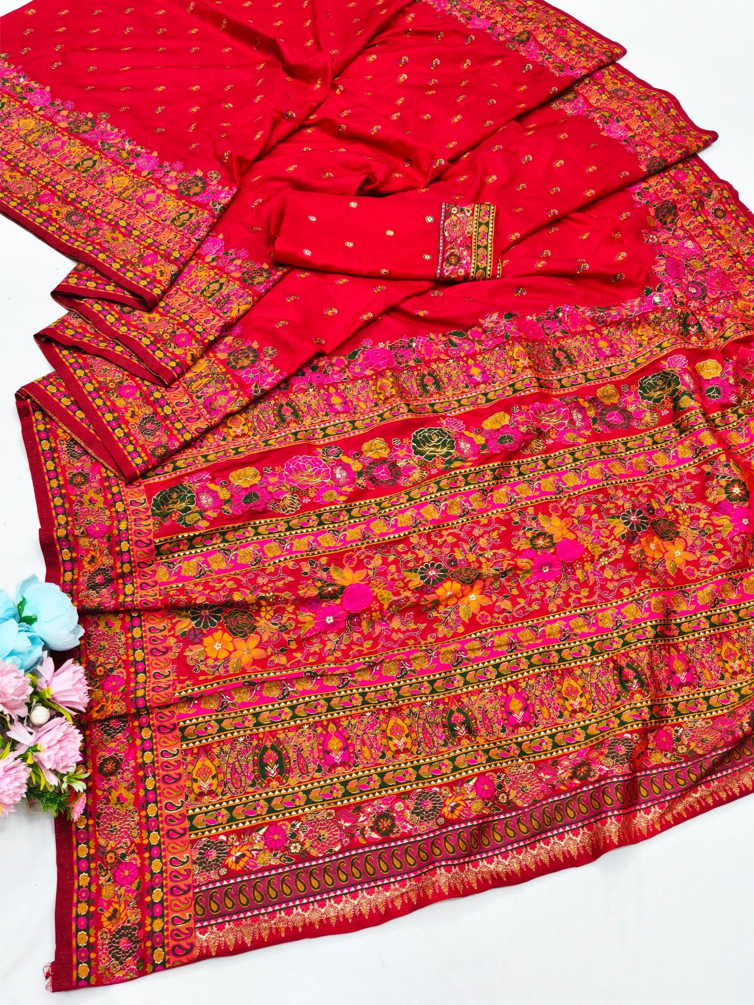 Improbable Red Nylon Dola Pashmina Saree With Sonorous Blouse Piece