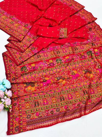 Improbable Red Nylon Dola Pashmina Saree With Sonorous Blouse Piece