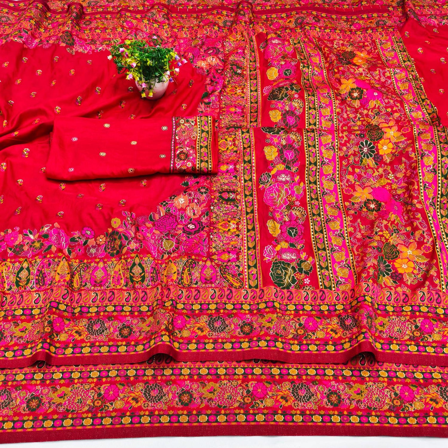 Improbable Red Nylon Dola Pashmina Saree With Sonorous Blouse Piece