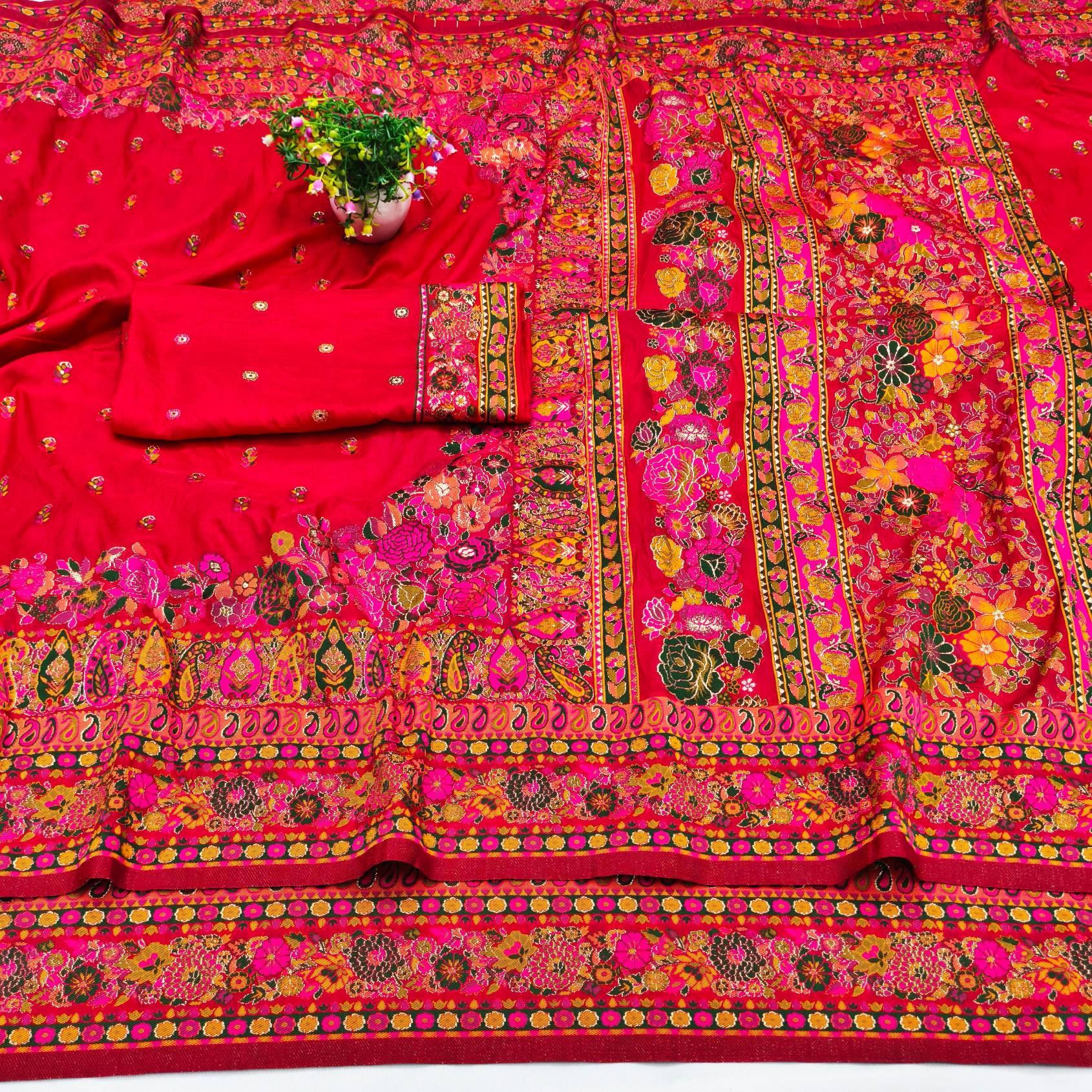 Improbable Red Nylon Dola Pashmina Saree With Sonorous Blouse Piece