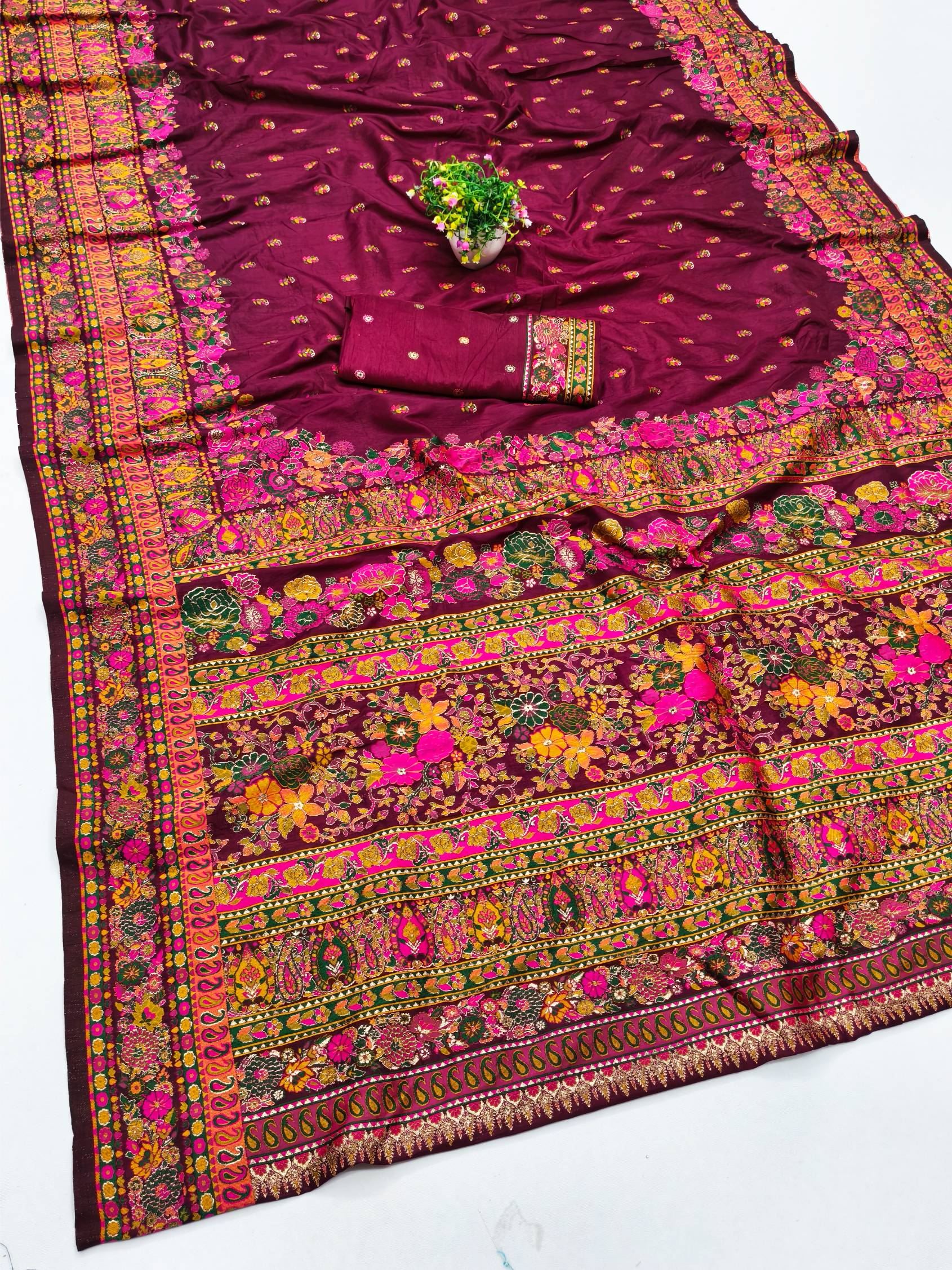 Charismatic Wine Nylon Dola Pashmina Saree With Incredible Blouse Piece