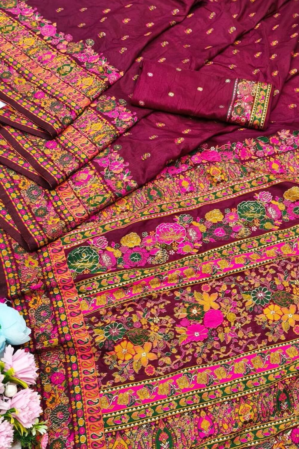 Charismatic Wine Nylon Dola Pashmina Saree With Incredible Blouse Piece