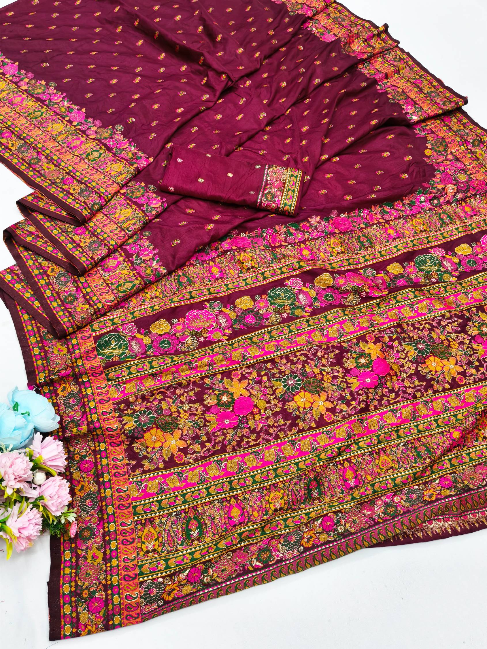 Charismatic Wine Nylon Dola Pashmina Saree With Incredible Blouse Piece