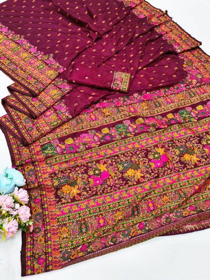 Charismatic Wine Nylon Dola Pashmina Saree With Incredible Blouse Piece