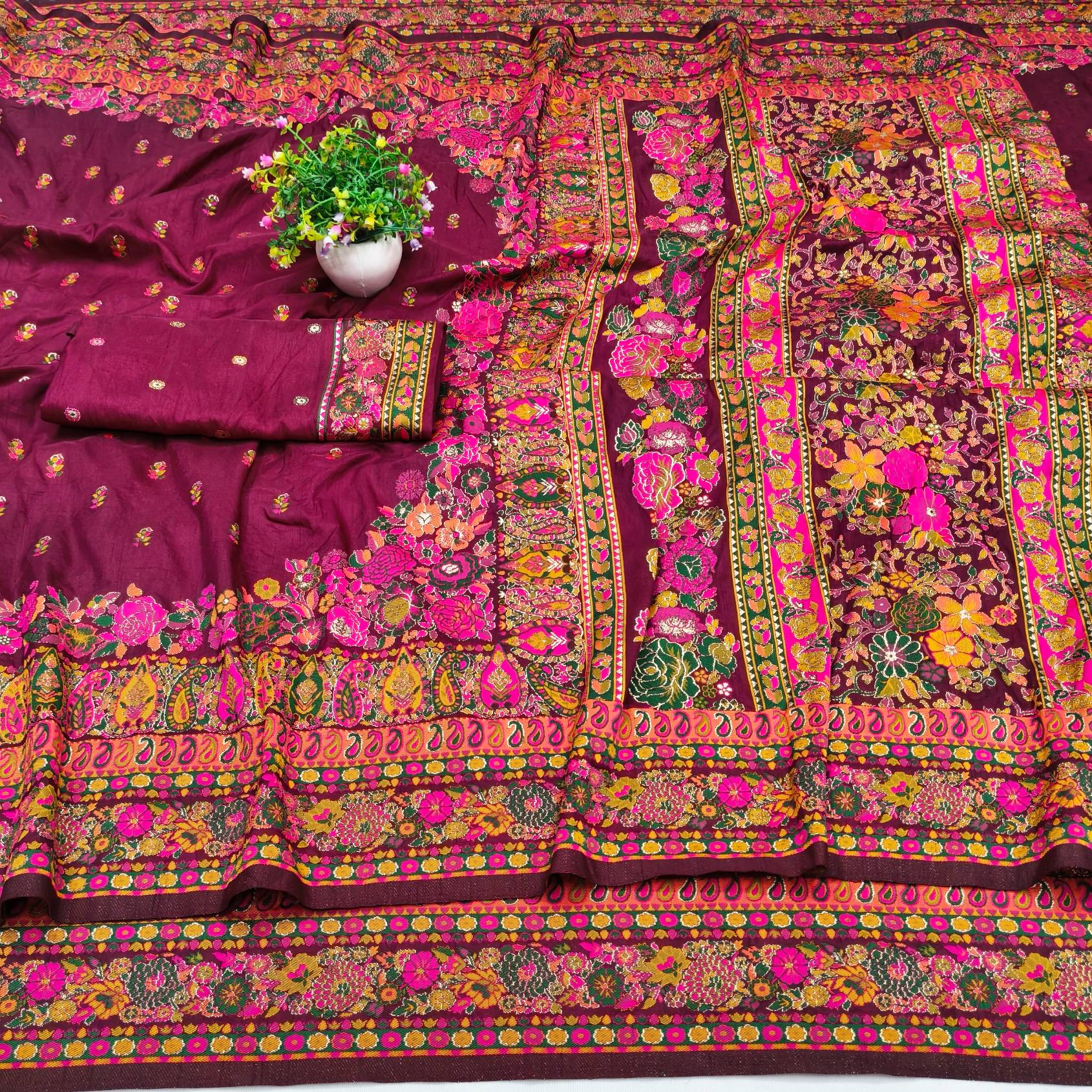 Charismatic Wine Nylon Dola Pashmina Saree With Incredible Blouse Piece