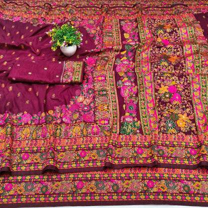 Charismatic Wine Nylon Dola Pashmina Saree With Incredible Blouse Piece